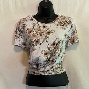 H-37‎ H&M Brown Green & White Twisted Front Short Sleeve Cropped Blouse Size L